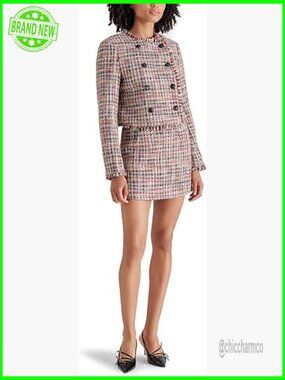 Tweed Frayed Hem Notch Collar Long Sleeve Button Down Coat